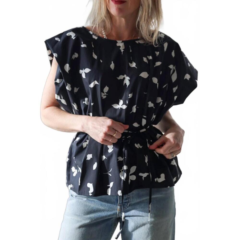 NEW ALYSI printed cotton tie waist top in black